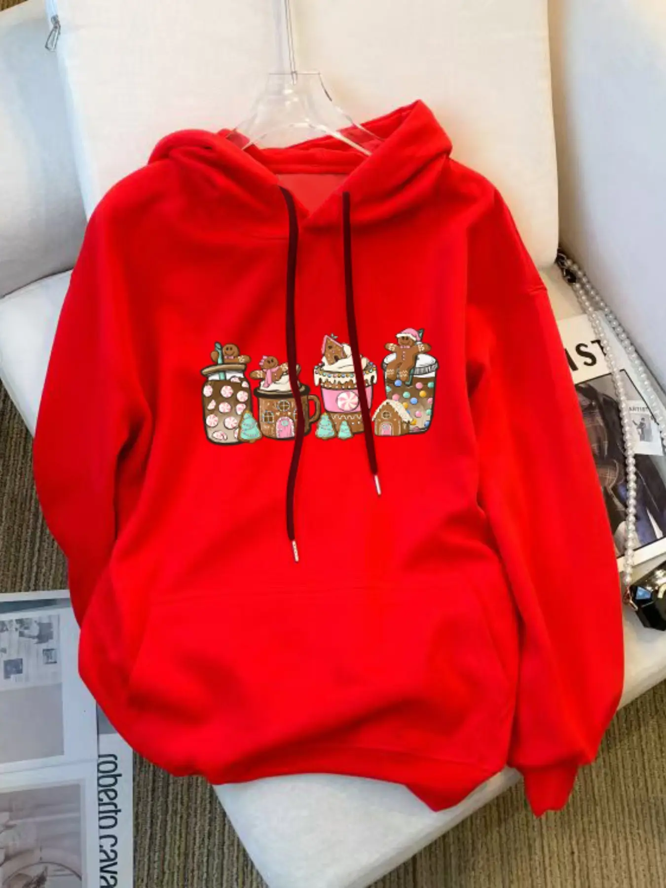 Autumn Winter New Fleece Lined Warm Long Sleeve Cute Cookie Print Hoodie, Kangaroo Pocket Casual Loose Fit Pullover for Teens Boys Girls