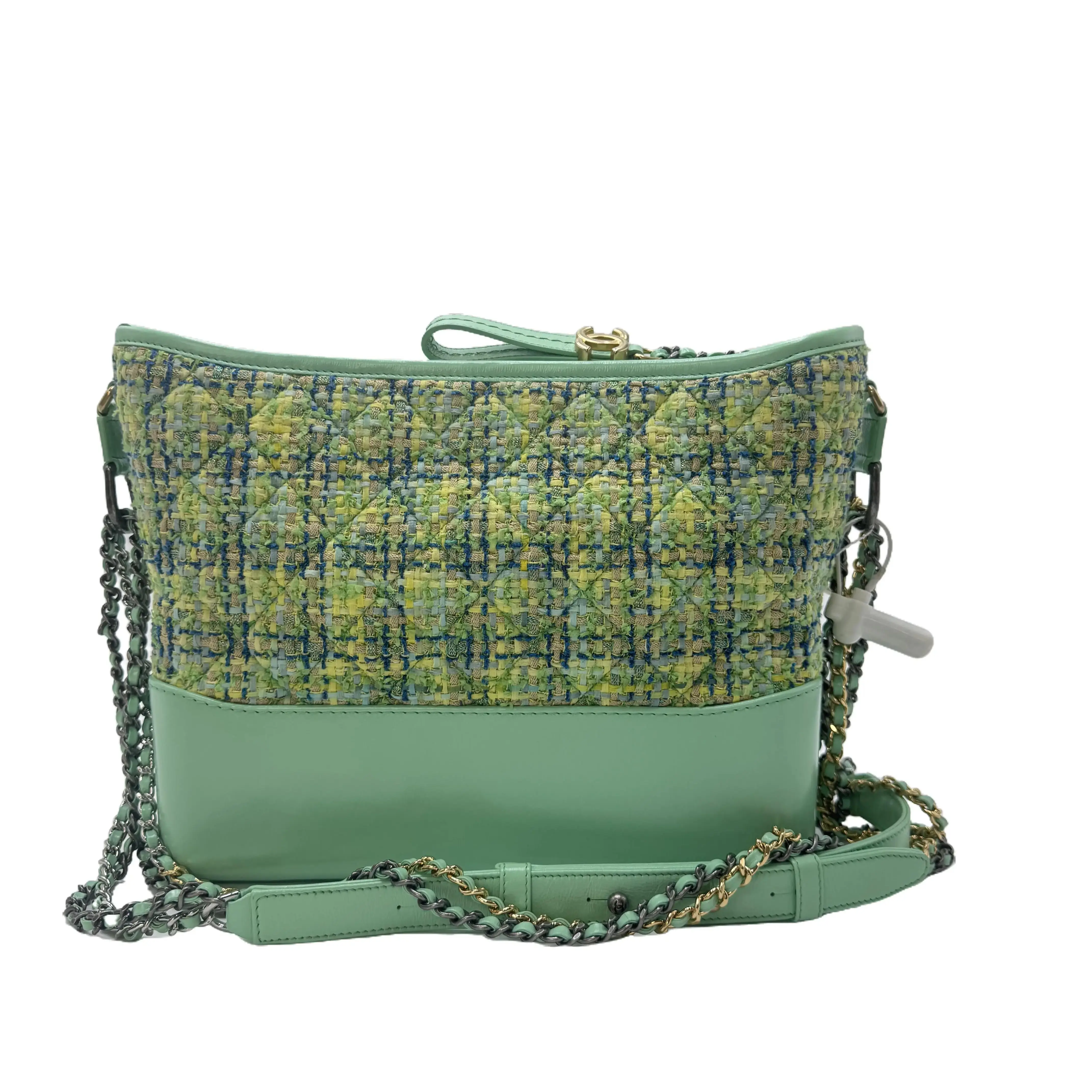 Pre-owned CHANEL canvas Crossbody Bags Gabrielle Green Tweed & Calfskin Quilted Chain Shoulder Crossbody Hobo Bag