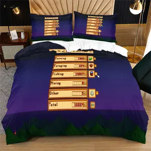 Starbound Settlement Interface Bedding Set, Includes 1 Fitted Sheet & 1/2 Coreless Pillowcases, Pixel Art Game Theme, Fall Winter Bedroom Decor