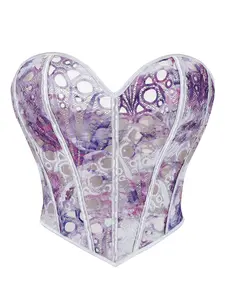 Y2K Style Tie-Dye Hollow Out Embroidered Lace Corset Top, Heart Neckline Slimming Breathable Women's Party Dress-Up Tank Top Underwear