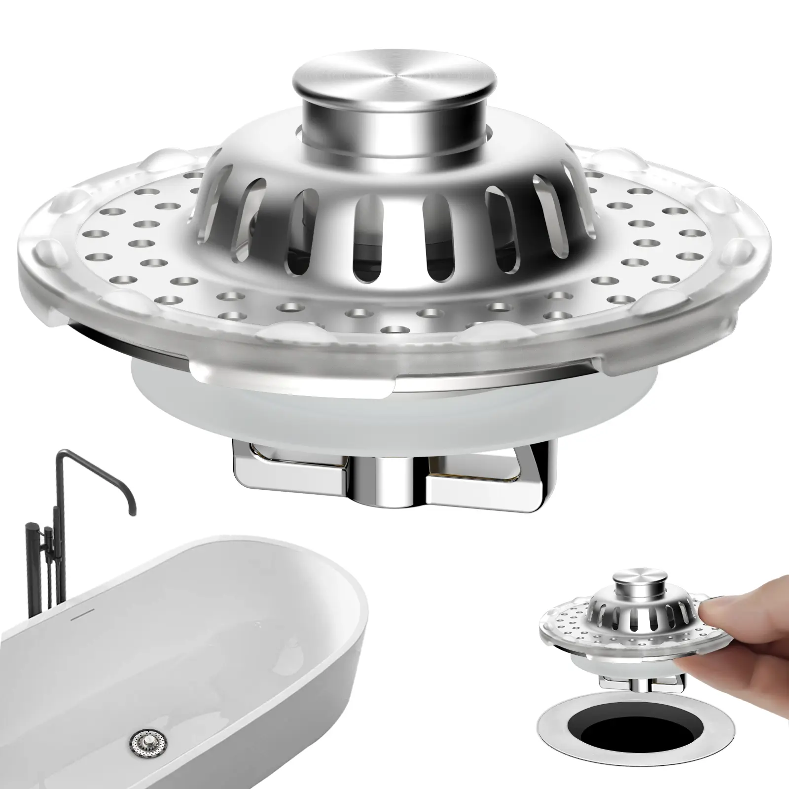Hibbent Universal Anti-Clogging Bathroom Sink Drain Strainer Hair Catcher - 3-in-1 Pop-Up Brass & Stainless Steel Drain Protector, Chrome Finish with Transparent Edge, Fits 1.1''~2.36'' Standard Basin Holes