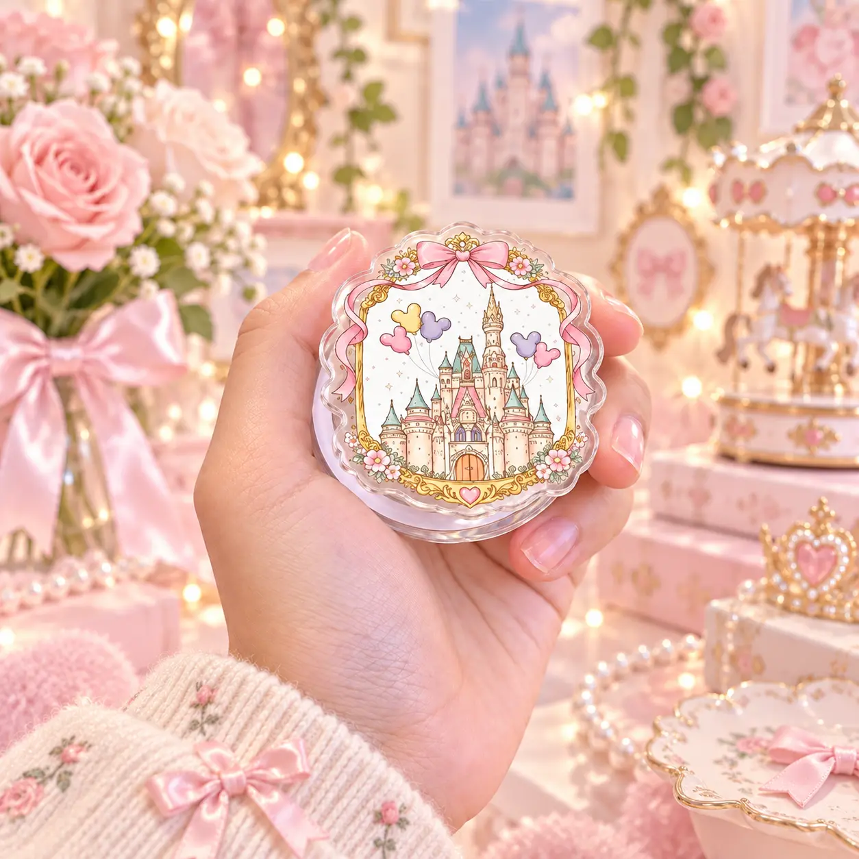 Fairytale Castle MagSafe Phone Grip – Clear Acrylic GripTok with Pink Bow Princess Palace Design, Whimsical Magical Kingdom Kindle & E-Reader Stand, Dreamy BookTok Gift
