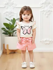 Girl's summer cute set, Cute clothing set, fresh butterfly print style, two-piece flying sleeve top and shorts, butterfly print+lotus leaf flying sleeve+bow tie shorts, suitable for daily home, summer travel, school wear