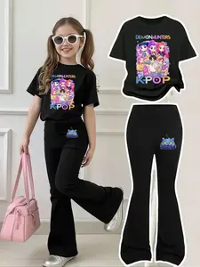 Girls Kpop Demon Hunters Short Sleeve Bell Bottom Set, Casual Fitted for Ages 4-12, Girl Clothes School, Breathable and Comfortable, Fashion Clothes Set