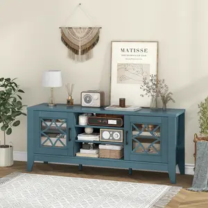 COSTWAY - Farmhouse TV Stand for TVs Up to 65 Inches 4 Adjustable Shelves-Teal Blue