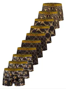 10 pcs black gold printed mid waist flat angle underwear, Underwear boxer briefs, Soft, breathable, elastic sports shorts, Suitable for daily wear and running exercise