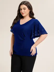 Ever-Pretty  dress Plus Size Summer Outfits,western outfits,Women shirts,Sequin V-Neck Ruffle Sleeve Top –  Stretchy Slim Fit Summer Top for Moms 02445 Casual Womenswear
