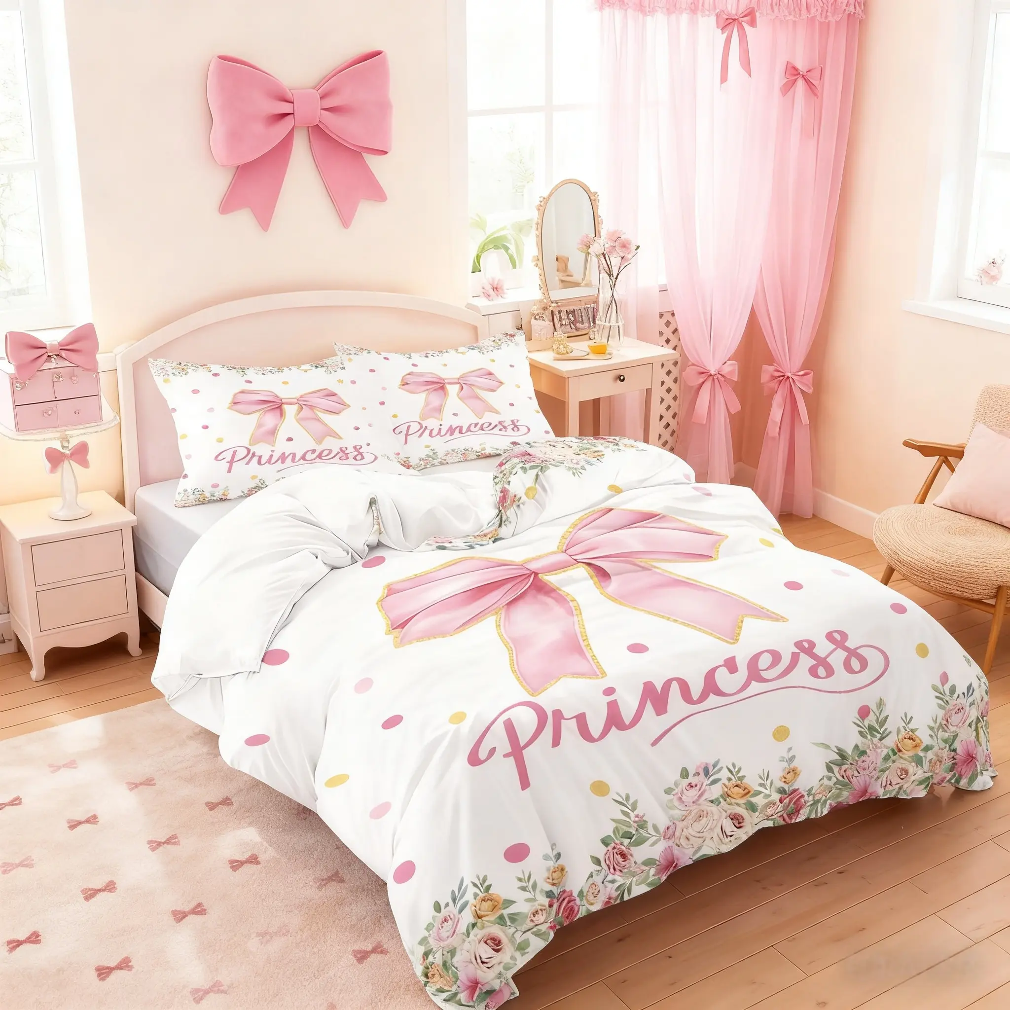 The 3-piece set includes 1 duvet cover and 2 pillowcases (without filling) Princess polka dot and floral rose pattern printed bedding set, Cute Bedding, Soft Warm Bedding, soft and comfortable, perfect for children's adult rooms and gift options