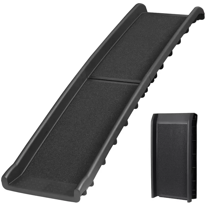 NOVA Non-Plastic Anti-Slip Safety Dog Ramp - Foldable, 62-in Compact Fold, 150LBS Capacity, 60.8in L x15.7in W x6.1in H, Raised Edges, Rubber Grip, Natural-Feel Paw Tread, Lightweight Black, for Car Travel, Small/Medium Dogs, Safe Access, Compact Storage