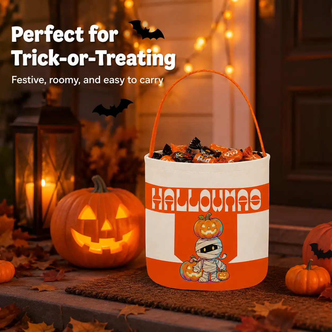 Halloween Reusable Canvas Bucket with Cute Design Roomy Storage Perfect for Parties and Festive Fun