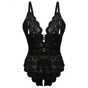 Plus-size fashionable lace-up with a touch of charm, sexy close-fitting jumpsuit for ladies, sexy pajamas, tight-fitting pajamas ling  night  wins backless design Floral Womenswear