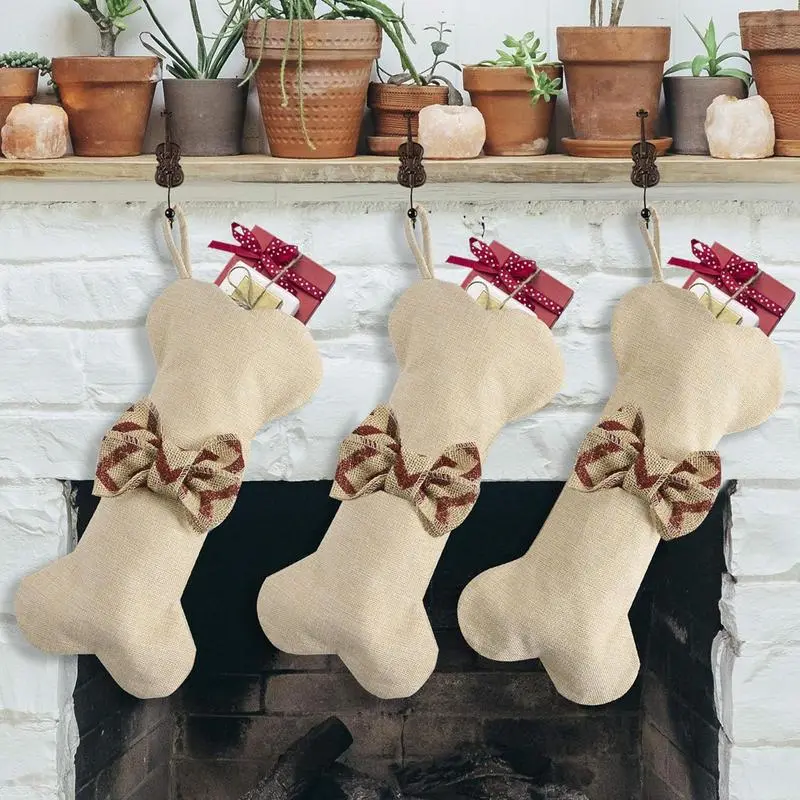 Dog Stockings Christmas Cute Dog Bone Stockings Christmas Stockings Bulk with Bow Tie Vintage Christmas Stockings for Pet Toys