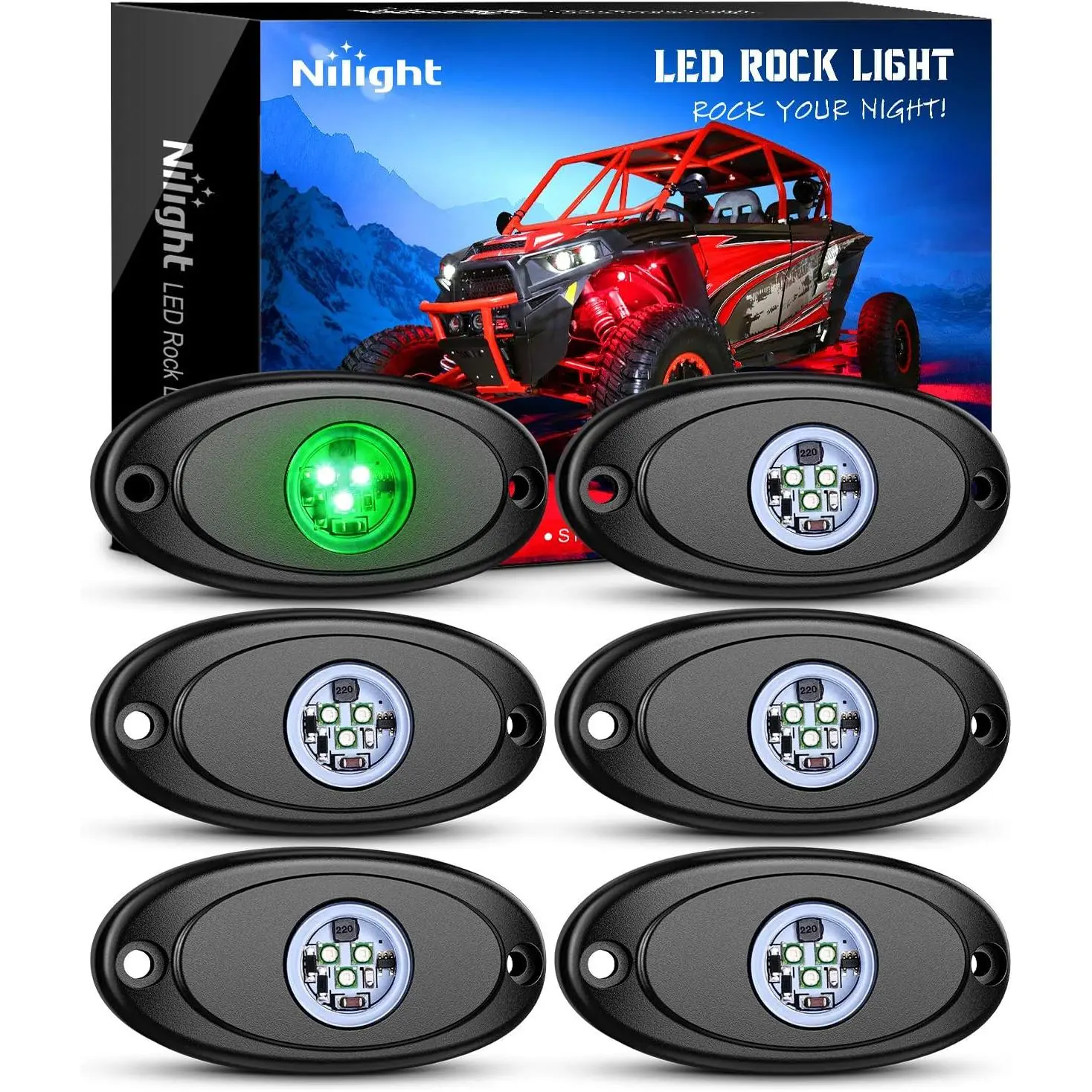 Nilight 6PCS Bright Green LED Rock Light Underglow Car Kit - Anti-Scratch Coat, Heat Dissipation, IP68 Waterproof, Rubber Mounts, Wiring Harness, Mounting Hardware for Car Undercarriage, Wheel Well Decor Led Dashboard Led Backlights