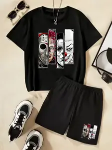 Horror Movie Icons Jason Clown Revenant Print T-Shirt Set, Children's Trendy Short-Sleeved Shorts Two-Piece Set, Unique, Casual, Fashionable, Comfortable, Daily Versatile, Ideal Gift Choice