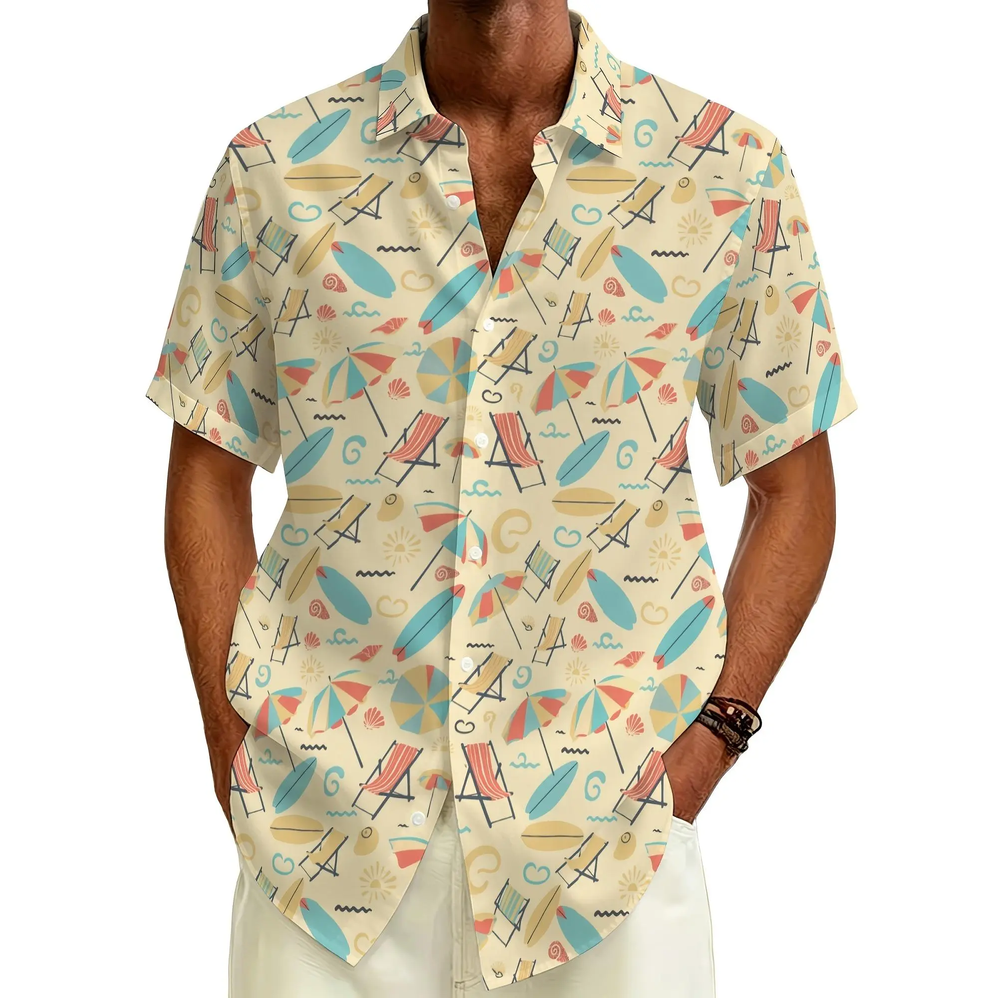 Men's Retro Tropical Sunset Surf Print Hawaiian Shirt - Polyester Blend Short-Sleeve Button-Down Relaxed Cut Casual Beach Wear for Summer Parties