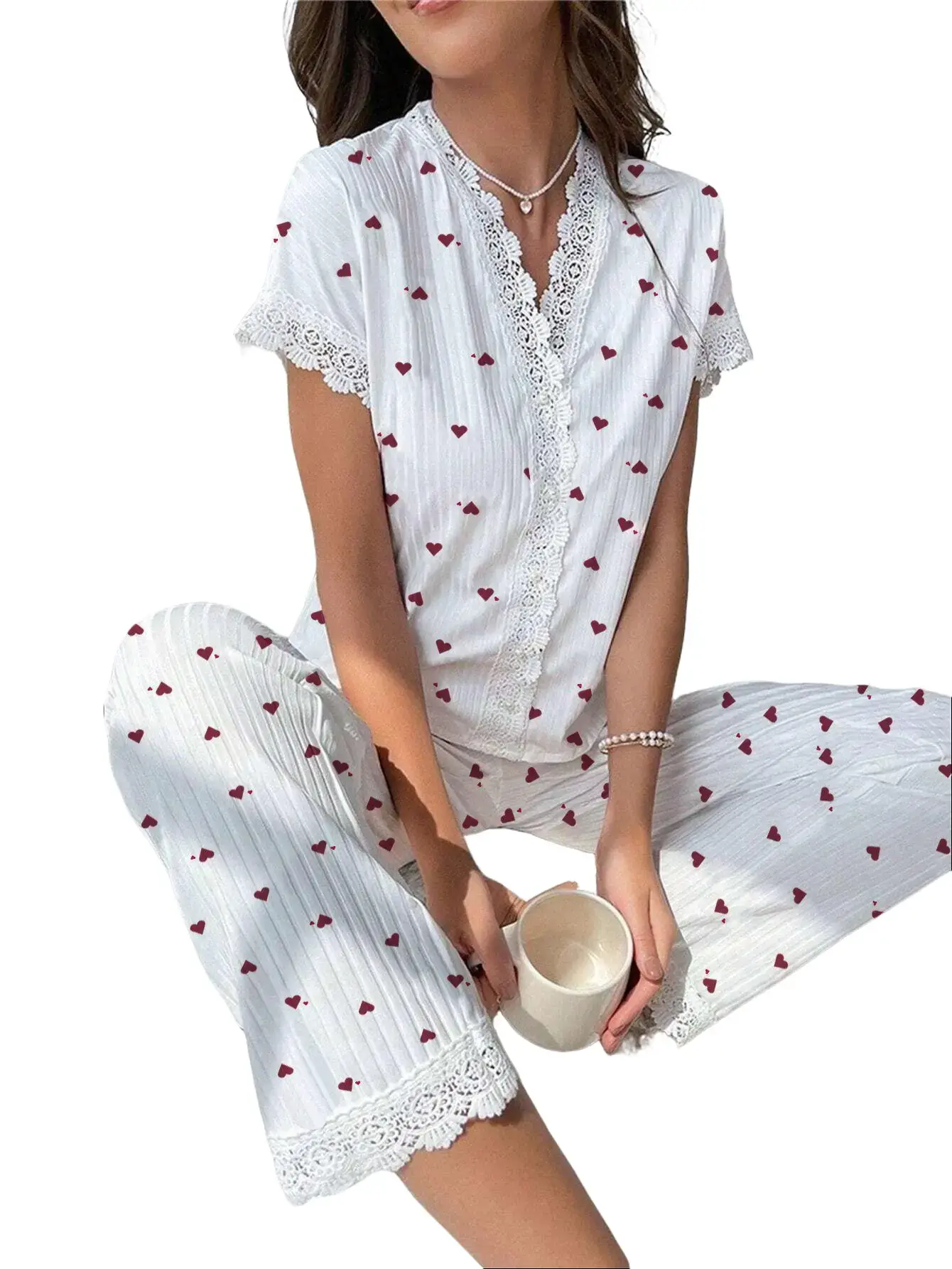 PHEFEE Women's Pajamas Set, Cotton-Like Ribbed Fabric Heart Print Lace Trim V Neck Short Sleeve Top & Long Pants Loungewear Set for Ladies