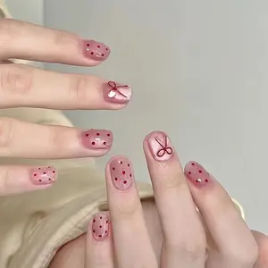 Handmade Pink Glitter Bow Press On Nails | Red Polka Dot Short Fake Nails | Viral Korean Kawaii Manicure 10Pcs