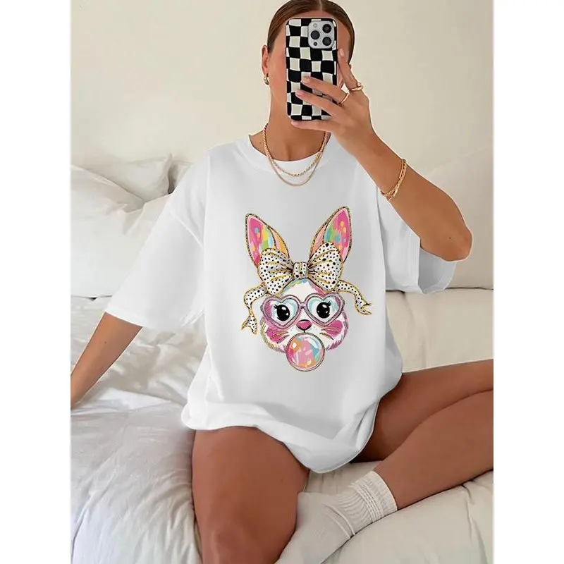 Women's Rabbit Print Drop Shoulder Tee, Casual Round Neck T-shirt for Daily Wear, Ladies Clothes for All Seasons, Summer Tops, Graphic Tees Women, Women's Clothing,  T Shirts for Women