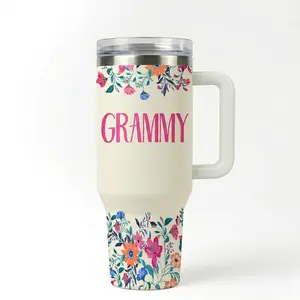 Grammy 40oz Tumbler with Handle, Heartfelt Mother's Day Gift for Grandma from Grandkids, Insulated Travel Mug,White Aesthetic Water Bottle for Her,Unique Birthday Present for Grandma