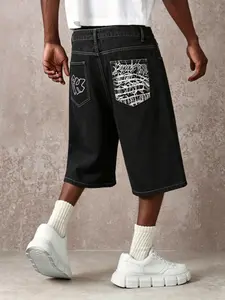 High Street Fashion Brand Asymmetric Pocket Floral Embroidery Distressed Black-Grey Washed Loose Fit Wide-Leg Cropped Denim Shorts