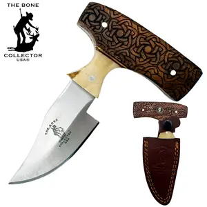 BC 872-RW 5" Bone Collector Carved Wood Short Blade Skinning Knife with Leather Sheath