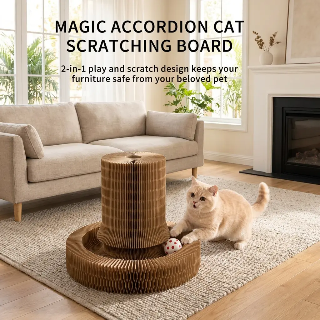 Kitty Curls Cat Toy, Magic Organ Cat Interactive Scratcher Cardboard with Bell Ball, Foldable & Changeable Accordion Shape Exercise Anxiety Relief Toy for Indoor Cats (1PCS)