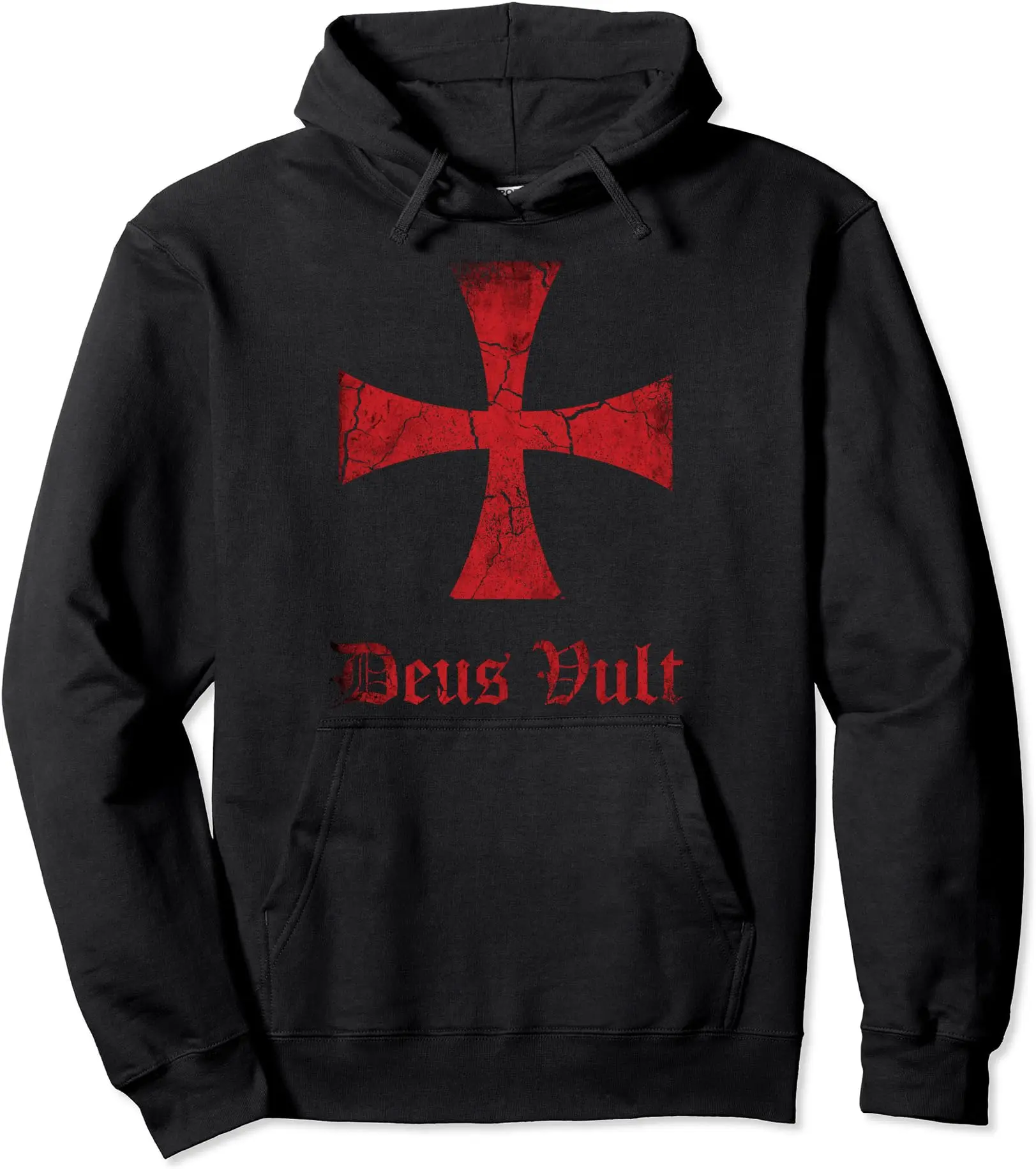 Mens Distressed Deus Vult Knights Templar Cross, Crusader Pullover Hoodie
