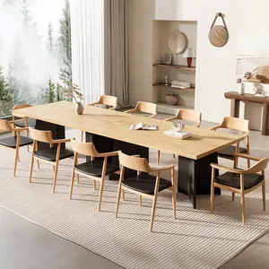 Rectangular Wooden Tabletop with Sturdy Metal Pedestal Legs, Easy Assembly, Rustic Grey & Black, Ideal for Home Dining Office Conference Room，Modern Farmhouse Dining Table for 6-8 People,