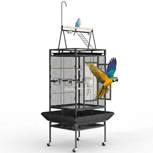 82" Extra Large Parrot Cage with Play Top, Heavy-Duty Wrought Iron Aviary for Macaws Cockatoos Conures, Spacious Bird House with Rolling Stand & Secure Lock, Removable Tray for Easy Clean, Indoor Outdoor Flight Cage with Rope Perch, Black