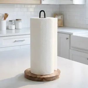 Paper Towel Holder Stand for Kitchen Countertop, Matte Black Metal Wire & Wood Base Paper Towel Dispenser, Vertical Freestanding Roll Organizer for Dining Table & Home Decor