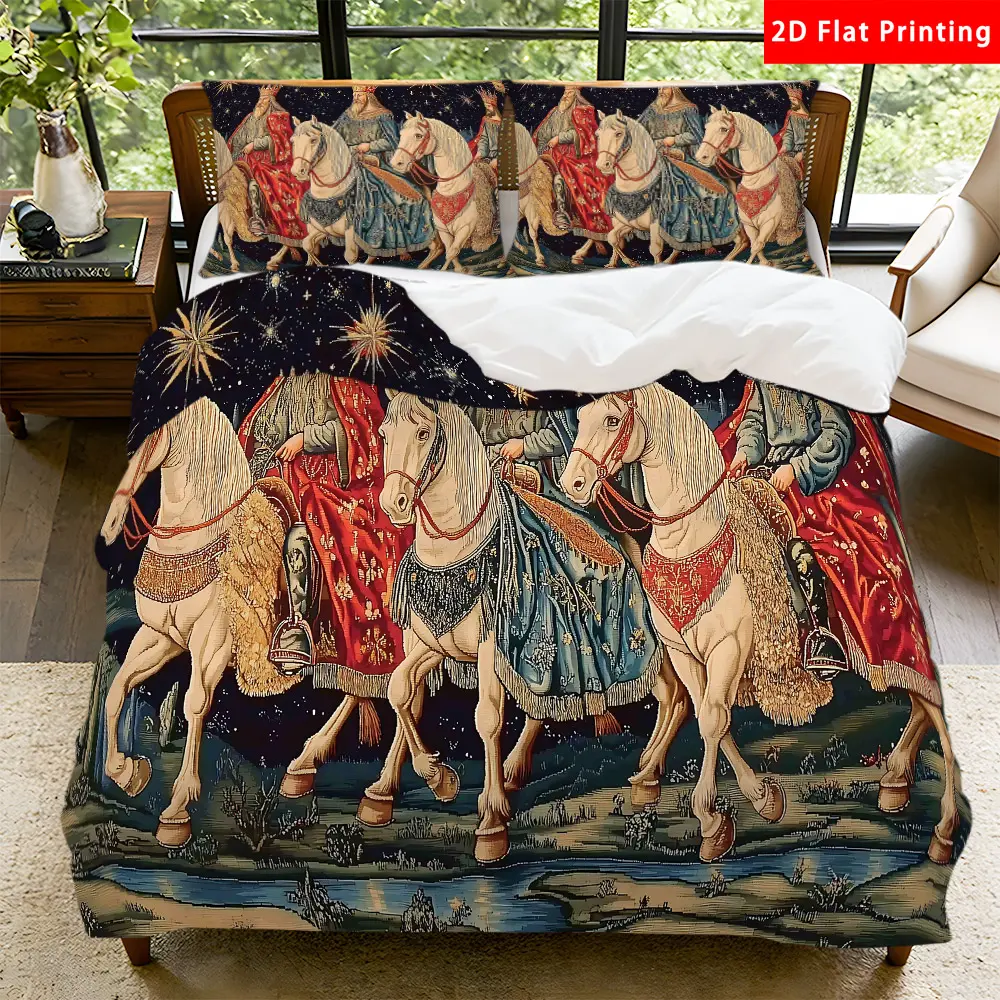 2/3 Pcs 2D Flat Medieval Kings and Horses Duvet Cover Set Medieval Kings Bedding Set Quilt Cover 1 Duvet Cover + 1/2 Pillowcases Medieval Theme Top Sheet Decorative Bedding Bedroom Decor