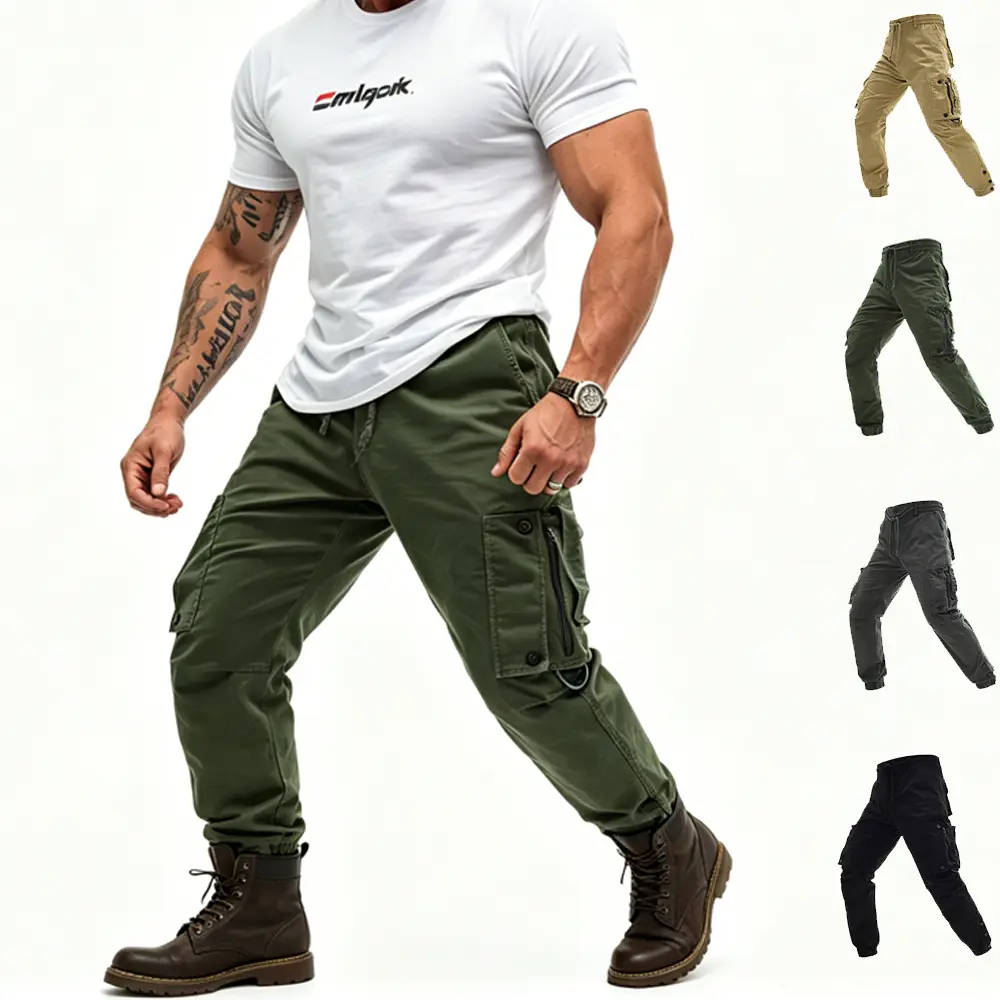 American-style pure cotton cargo pants with multiple pockets, zipper closure, and cuffed legs—ideal for streetwear, commuting, outdoor activities, versatile wear, and durable casual long pants.