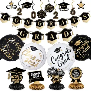 PartyWoo Graduation Decorations Class of 2026 Black Gold 19pcs Grad Party Supplies with Black Gold Congrats 2026 Grad Banner Hanging Swirls Foil Balloons Graduation Cap Centerpieces Party Decorations