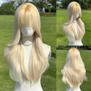 SMILCO/26Inch Ombre Blonde Ash Platinum Long Straight With Bangs Synthetic Wig/SM557