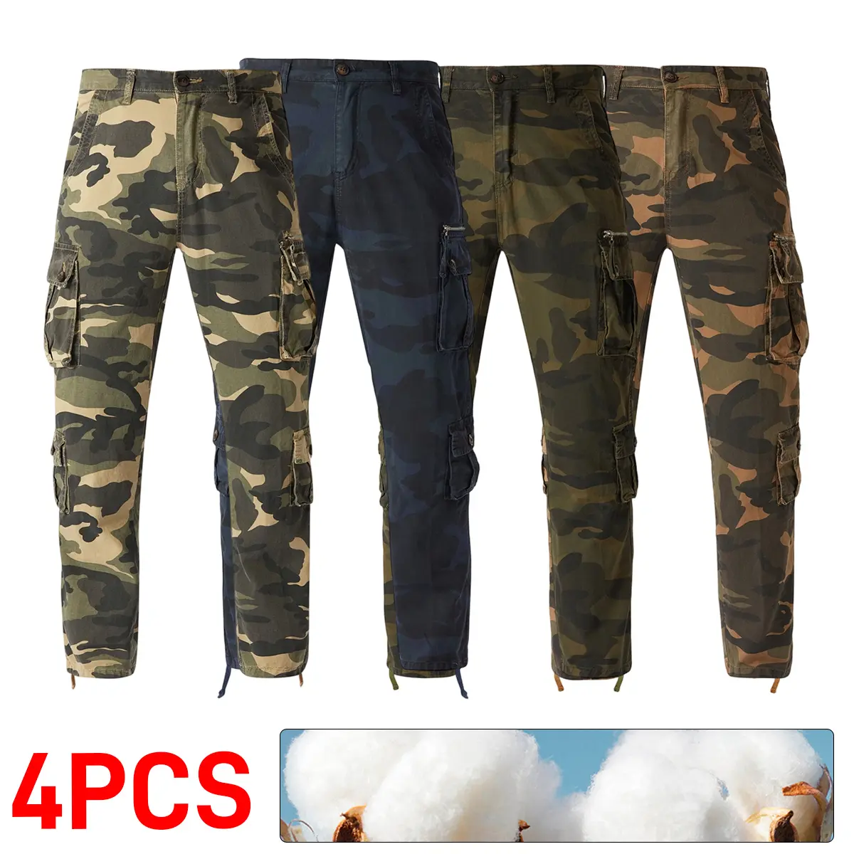 Men's 4pcs Vintage Camouflage Cargo Trousers - Pure Cotton Clothing, Elastic Mid Waist, Multi-Pocket Straight-Leg, Loose-Fit All Seasons Pants, Suitable for Hiking, Outdoor Sports, Vintage Camo Men's Pants, Machine Washable Men's Pants