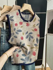 Women's Casual Loose-Fitting Round Neck Sleeveless Knit Top, Fall Winter Fashion, Floral Print, Outdoor Wear