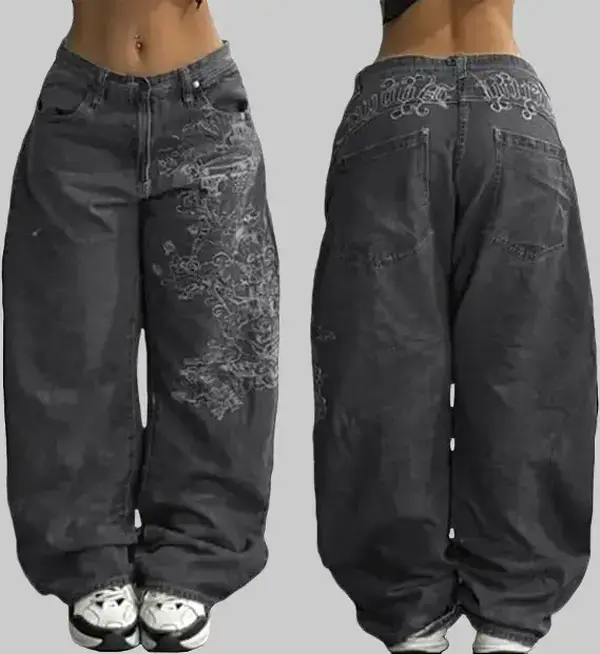 Grunge Y2K Skeleton Embroidered Baggy Jeans Goth Streetwear Wide Leg Denim Pants