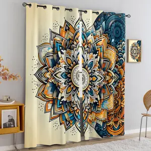 2-piece set of exotic mandala patterned light luxury curtains, made of polyester fabric with semi blackout and heat-insulating metal ring curtains, suitable for bedroom, living room, and children's room decoration, Thermal Insulated Curtain
