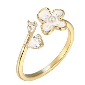 925 Silver Plated French Flower Double CZ Adjustable Ring for Women Open Design Pearl Accent Gold Tone Stacking Jewelry Statement Ring Dainty Ring