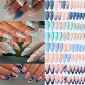 96pcs Long Almond Ocean Shell Pearl Design Acrylic Press-On Nails, Easy Wear Nail Art Set for Women Girls, Acrylic Fake Nails, Daily Work Party Use