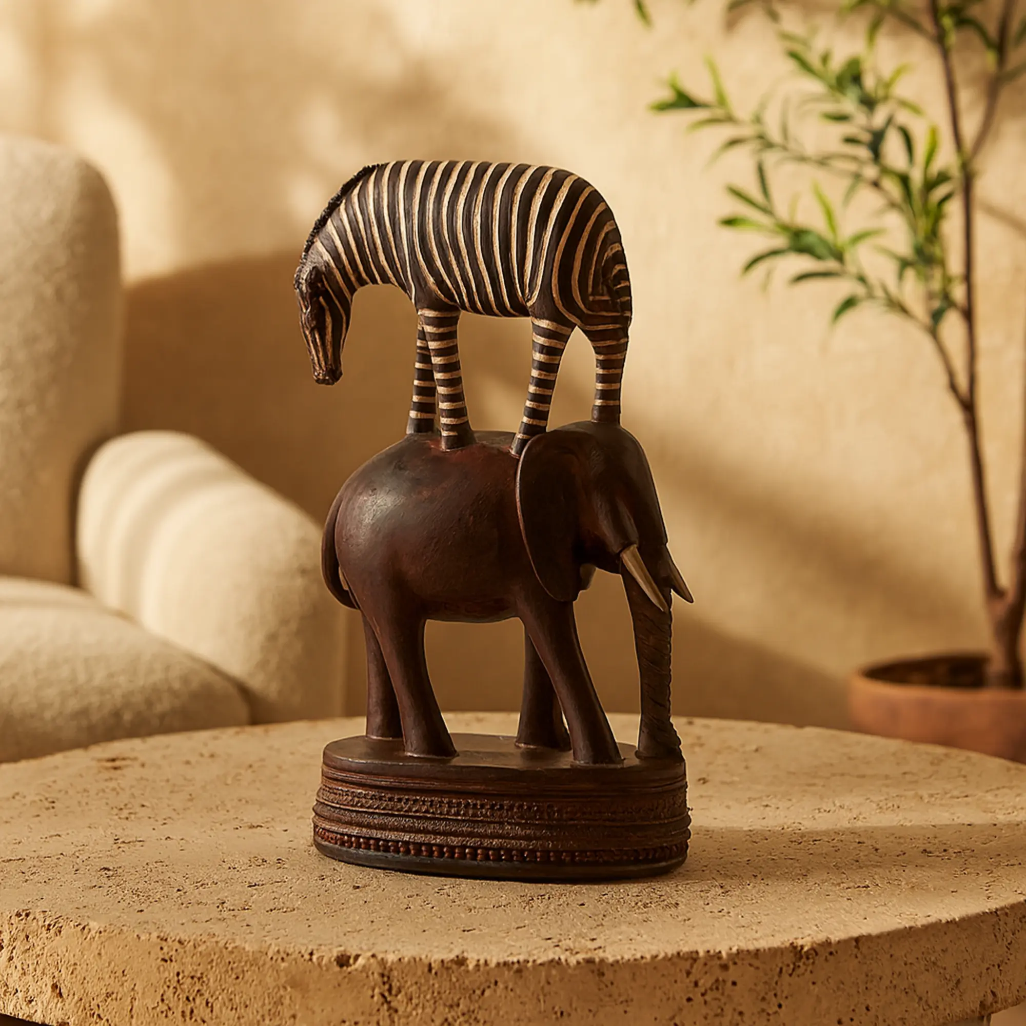 Polyresin Zebra Wildlife Figurine - Multi-Colored Stacked Decorative Ornament with Round Base, 9.15l x 5.3w x 16.1h inches, Traditional Indoor Home Supplies for Table Decor