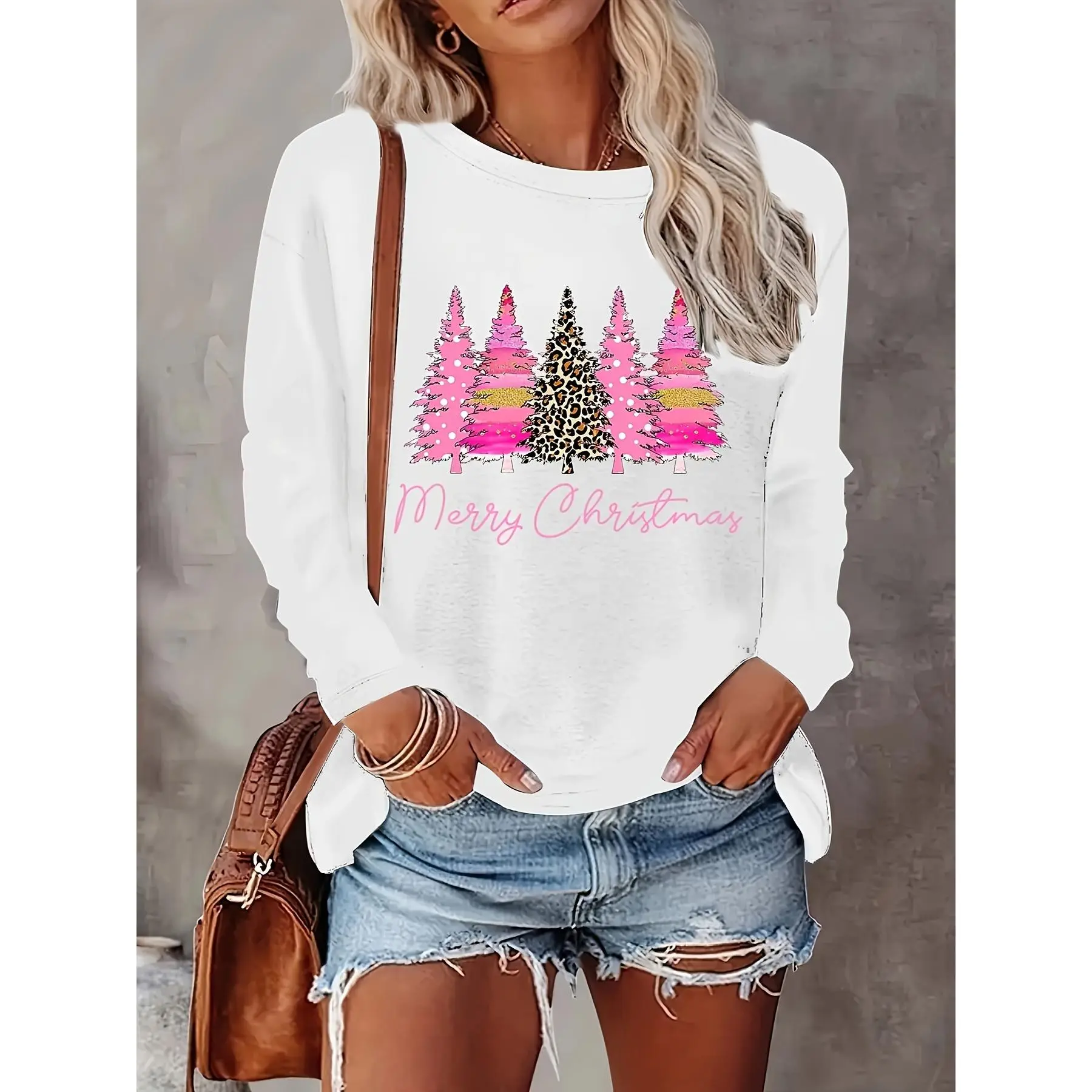 Plus Size Women's Chic Breathable Comfy Christmas Tree Print Long-Sleeve Round Neck Casual Tee, Knitted Cotton Fabric - Christmas Holiday Outfit Womenswear Top, Cargo