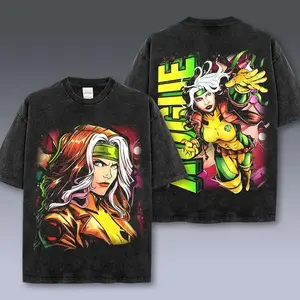 Rogue Xmen MCU Comic Double Printed Oversize Lightweight Acid Washed Tee, Character Comics TV Series Graphic Design Unisex Top Cotton Streetwear T-Shirt Clothes Menswear