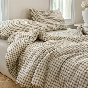 Tan Gingham Cotton Comforter Set King, 100% Washed Cotton Taupe Checked Comforter Bedding, 3 Pieces Vintage Farmhouse Grid Bedding Set(Tan Gingham, King)