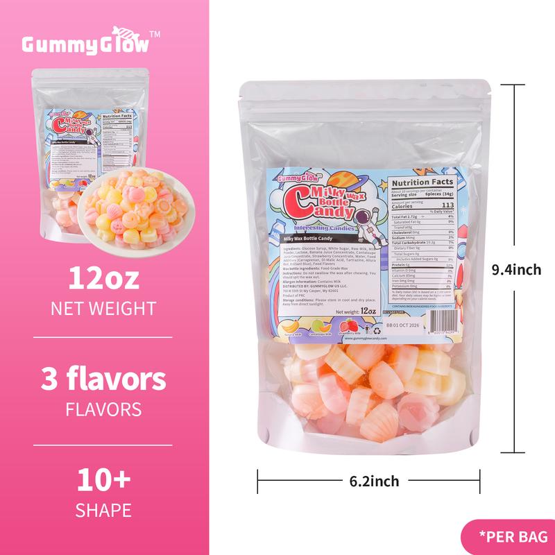 【Hyped Snack】GummyGlow Wax Candy 12 oz Bag Coconut- Variety Milk Fruity Flavor（banana，cantaloupe, strawberry） Filled Fun Shapes Edible Wax Sweet Snack for Parties Bonbon Sweet Fruit Bite