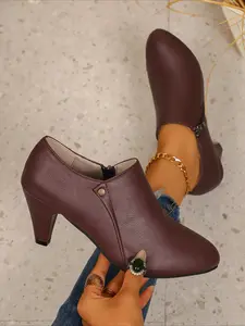 Black Block Heel Zipper Ankle Boots for Women, Office Heeled Shoes, High Heels, Thick Heeled Boots