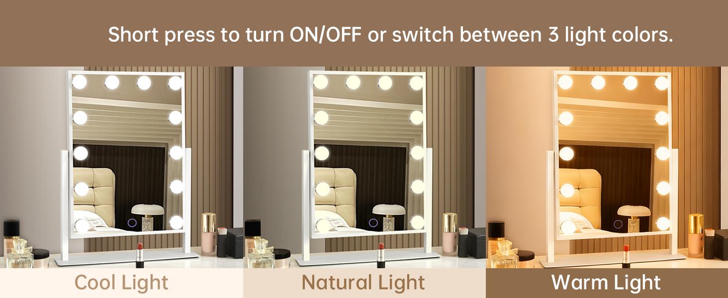 Amifiy Hollywood Vanity Mirror with Lights, 10x Magnifying, 12 LED Bulbs, 3 Color Lights and 360° Rotation, 14" x 19" Desk Lighted Makeup Mirror for Bedroom Dresser College Dorm Amifiy Hollywood Vanity Mirror with Lights, 10x Magnifying, 12 LED Bulbs, 3 Color Lights and 360° Rotation, 14" x 19" Desk Lighted Makeup Mirror for Bedroom Dresser College Dorm