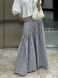 Women's Fashion Casual A-Line Striped Pleated Skirt, Hem Flounce Design, Versatile All-Season Wear, Perfect for Daily