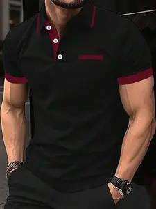 Men's Burgundy Color Block Short Sleeve Polo Shirt - Regular Fit, Machine Washable, Summer Business Commuting Top