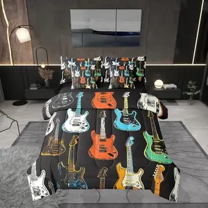 Sketch Guitar Bass Comforter Set,Musical Instrument 7 Piece Bed Set for Kids,Modern Music Lover Bed in a Bag